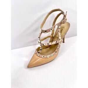 Kaitlyn Pan Size 5.5 Rockstud Leather Pointed Toe Leather Heels Tan and Pink